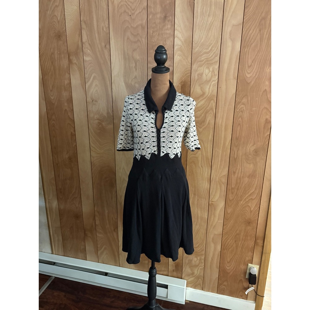 Knitted‎ & Knotted Anthropologie Black Cream Geometric Knit Sweater Dress Small